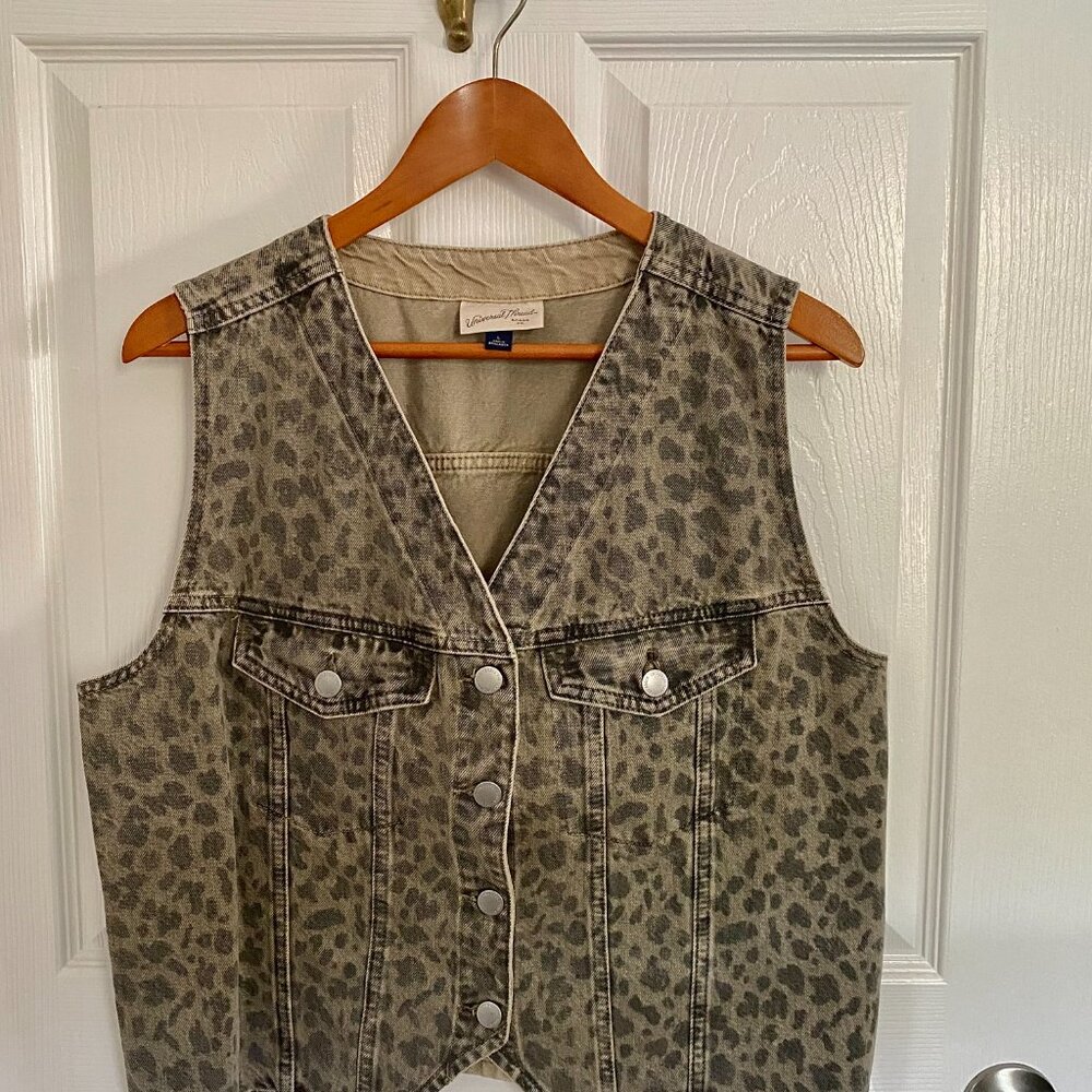 Grey and Black Animal Print Washed Denim Vest with Silver Buttons